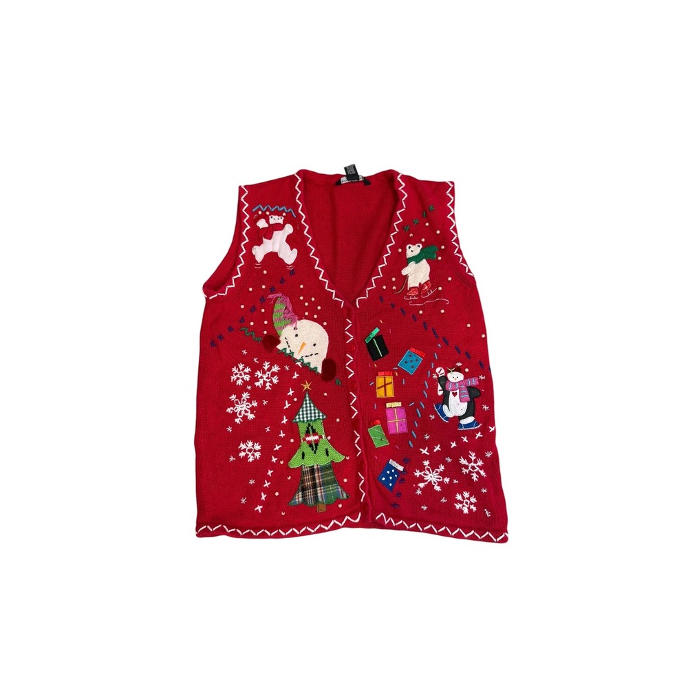 Reference Point Womens Red Christmas Sweater Vest Snowman Penguin Tree Medium